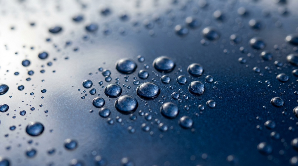 Close-up macro photography of water droplets beading on a co