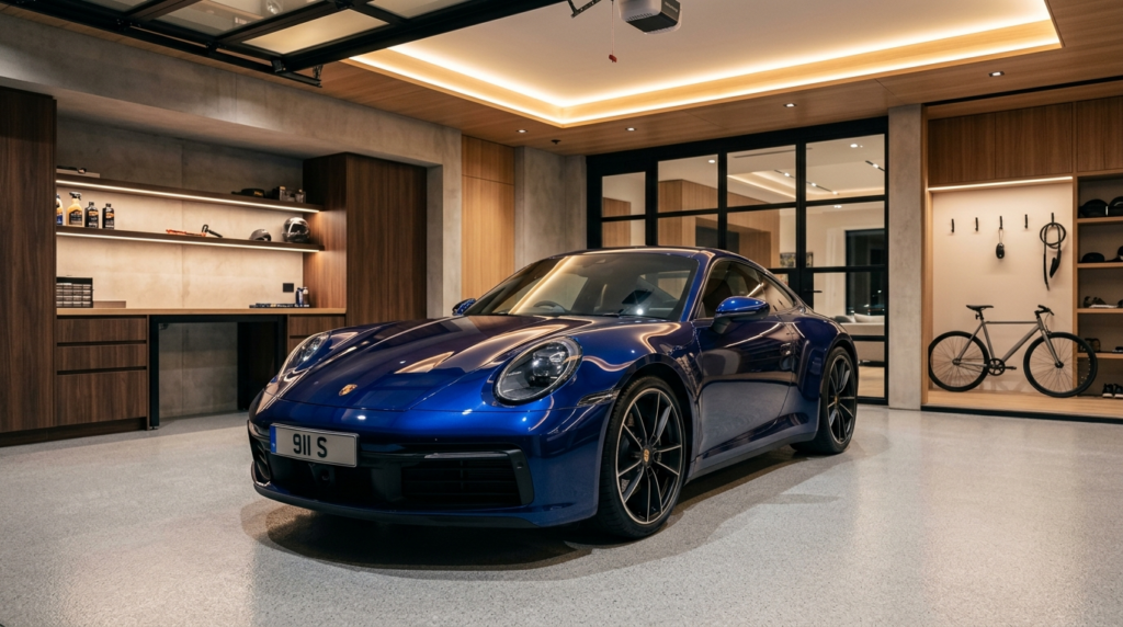 Modern home garage interior with a gleaming protected car pa