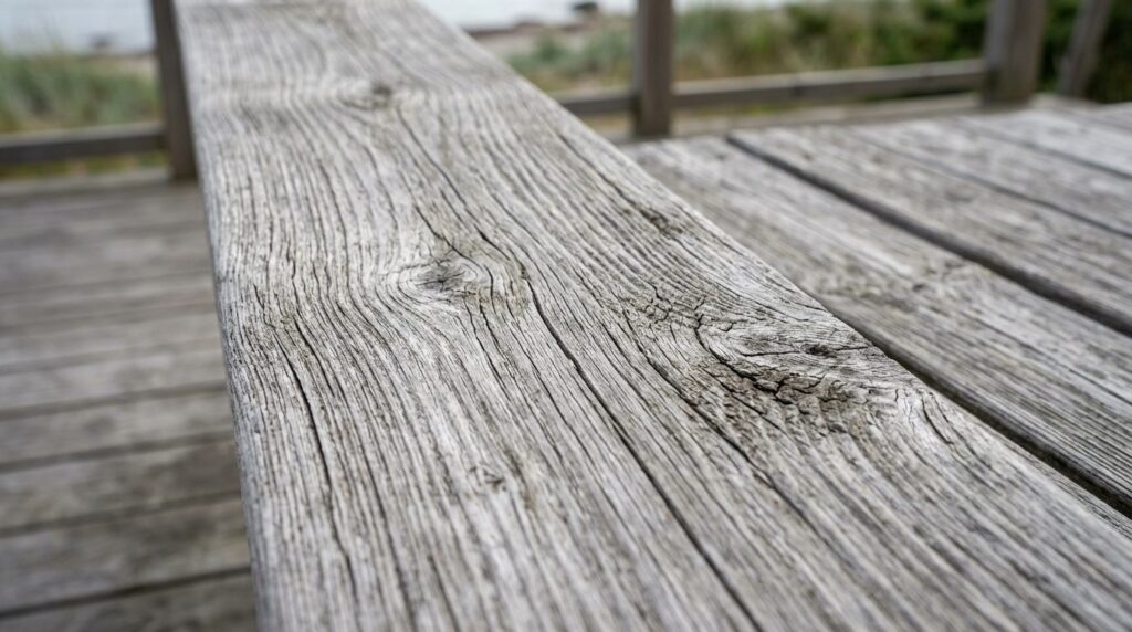 Close-up detail shot of aged hardwood terrace boards display