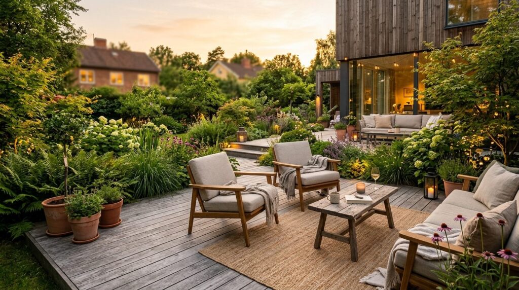 Wide angle lifestyle photograph of a Scandinavian-style outd