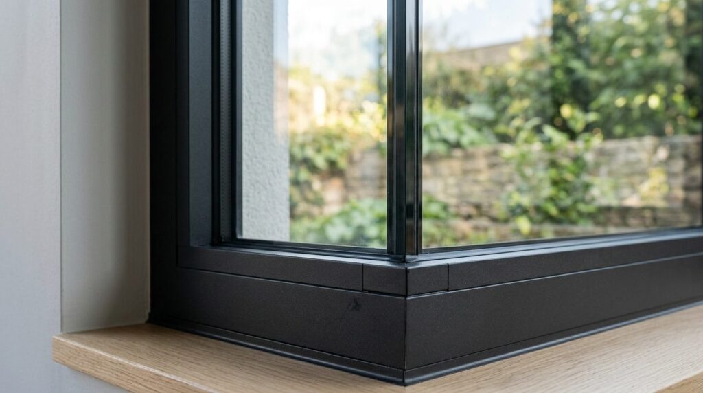 Close-up detail shot of premium fixed window frame in matte 