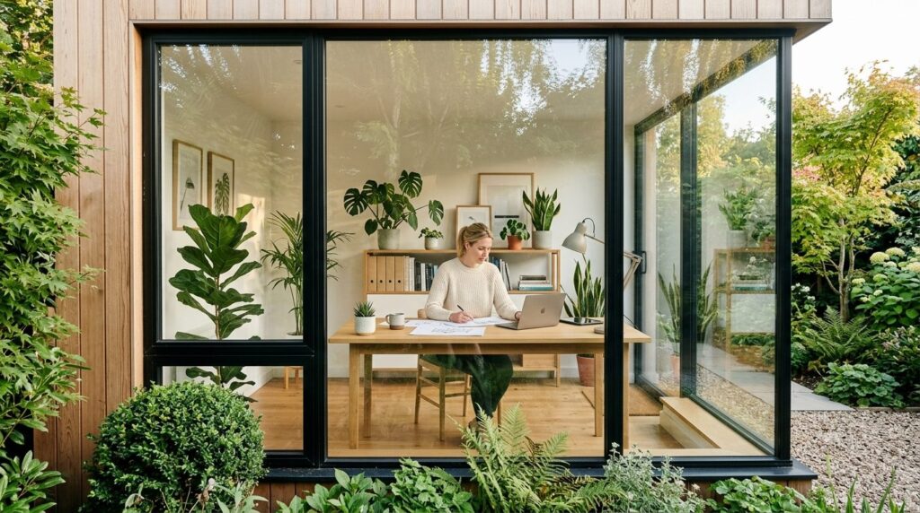 Bright Scandinavian-style home office viewed through large f