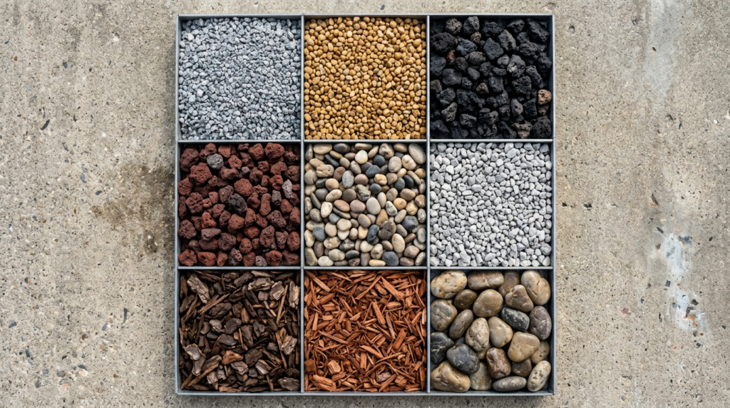 Close-up flat lay photograph of various premium landscape ma