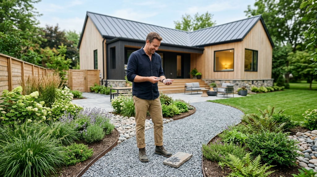 Wide shot of a satisfied homeowner standing in their beautif