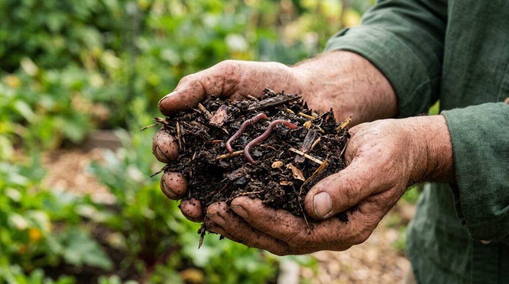Close-up photograph of premium compost mulch texture with ea