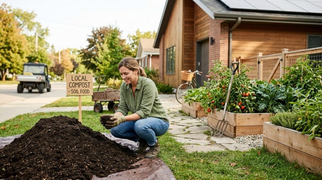 Wide shot of sustainable local compost delivery scene: resid
