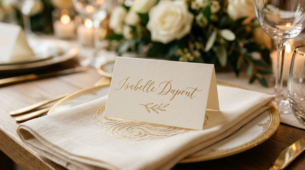 Close-up detail shot of a luxury personalized place card wit