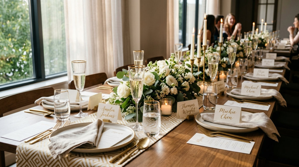 Modern table setting for celebration dinner featuring multip