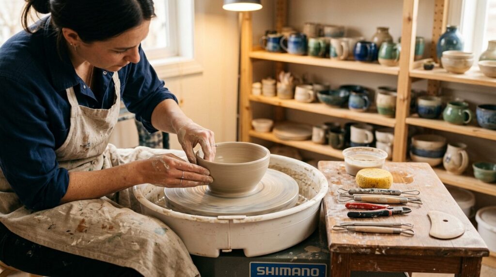 Close-up lifestyle shot of a female ceramic hobbyists hands