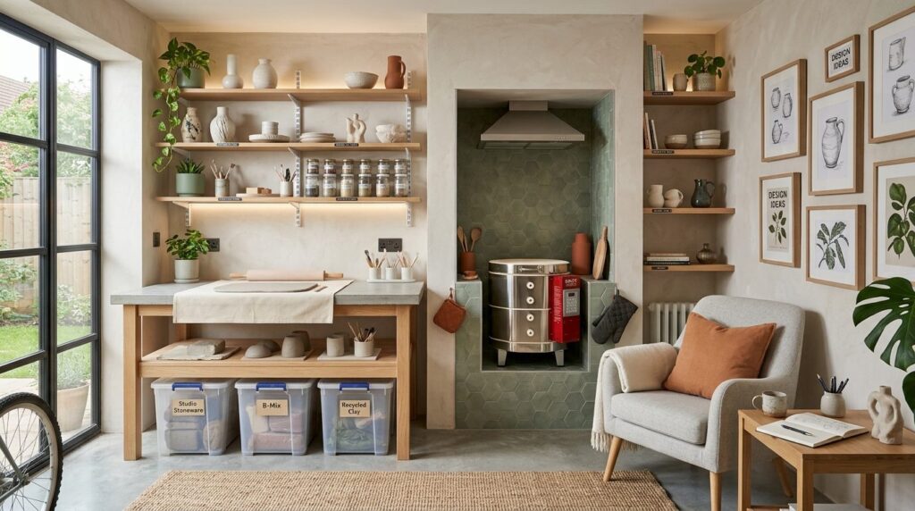 Modern minimalist home ceramic studio interior showing a wel