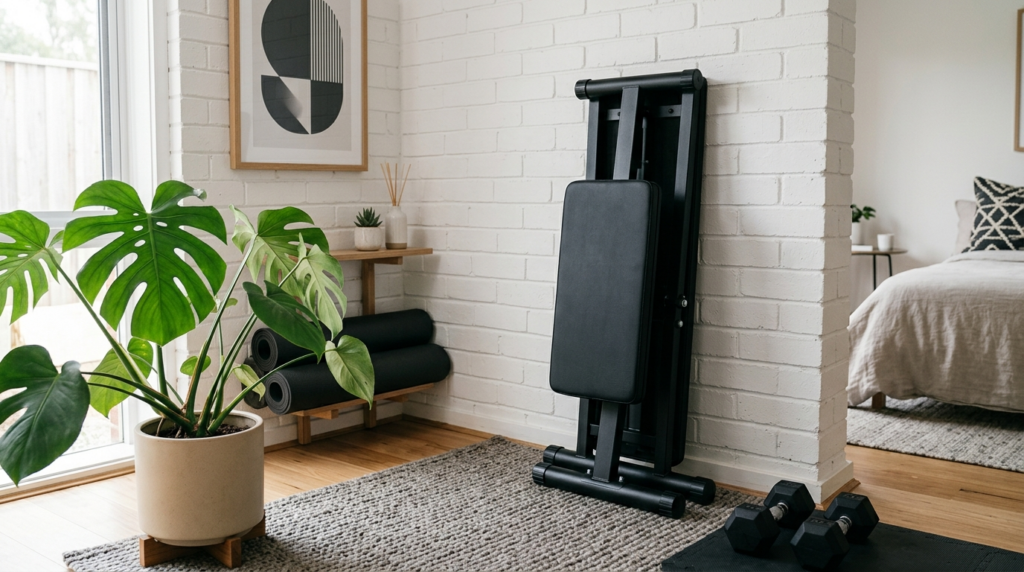 Close-up of a compact foldable weight bench in matte black f