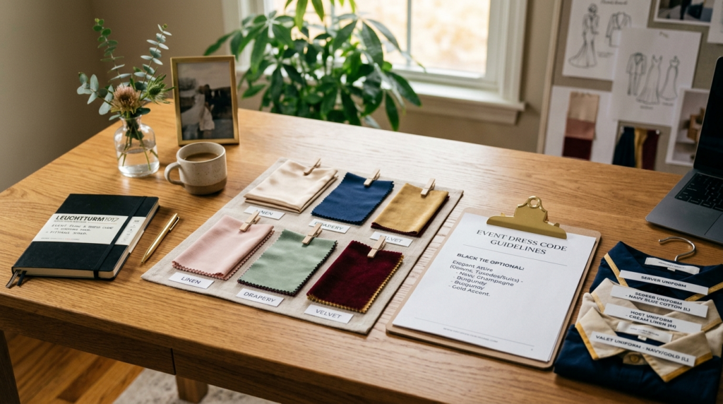 Close-up of a well-organized event planning workspace showin