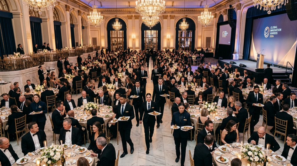 Wide shot of a large corporate event or gala with staff memb