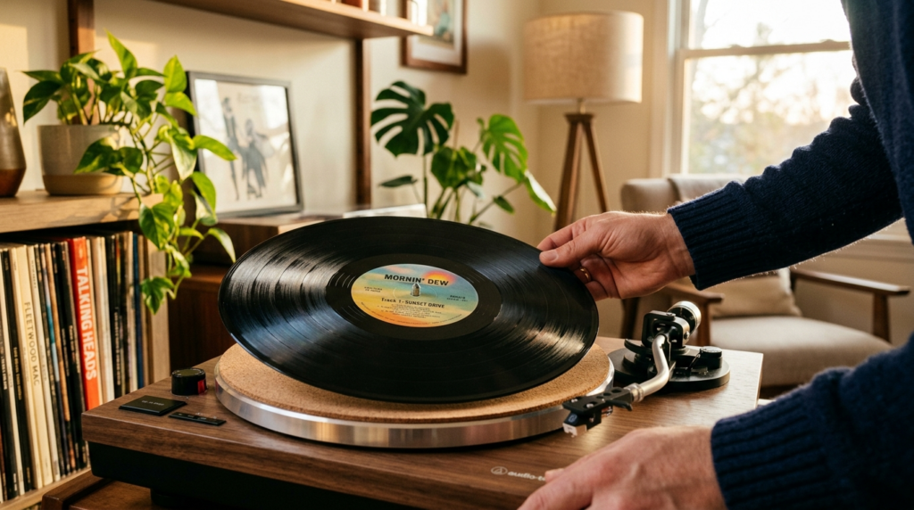 Close-up detail shot of vinyl records being placed on a turn