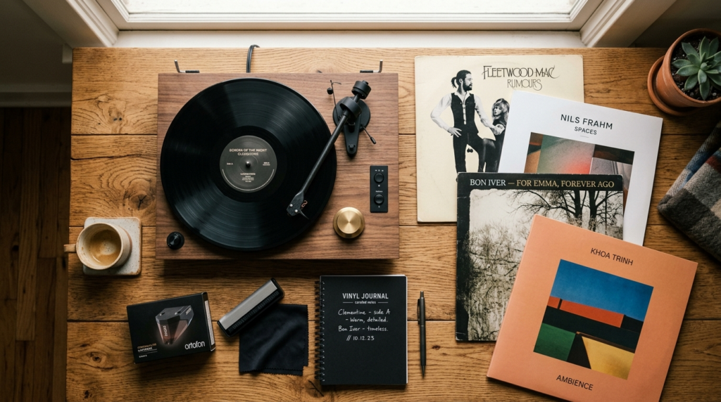 Overhead flat-lay composition of turntable components and vi